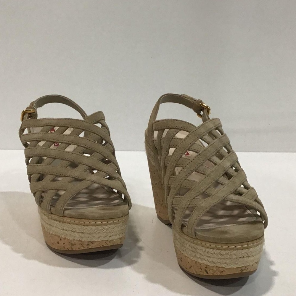 Women’s Prada Tan Suede Strappy Cork Wedge Sandals Size 37